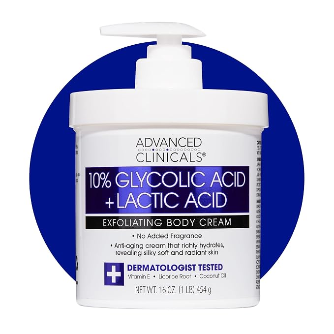 Advanced Clinicals 10% Glycolic Acid + Lactic Acid Lotion Exfoliant Moisturizing Cream With Hyaluronic Acid Moisturizer | AHA Exfoliating Body Cream Improves Look Of Uneven Rough Skin Texture, 16 Oz